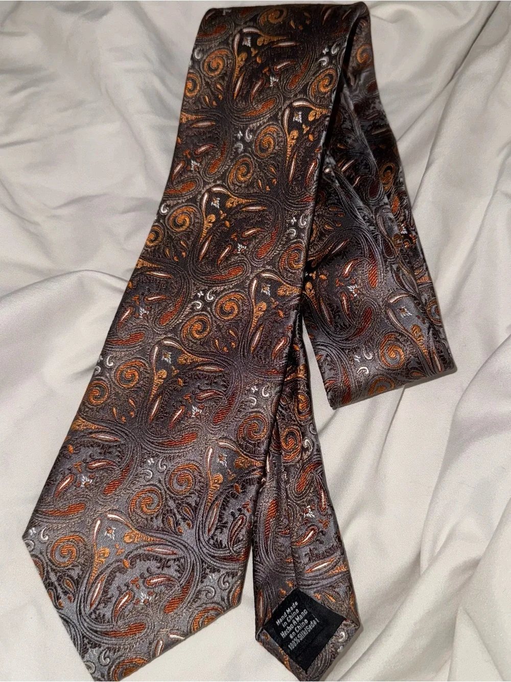 Van Heusen Paisley Silk Tie in Brown, Silver and Copper-Tone